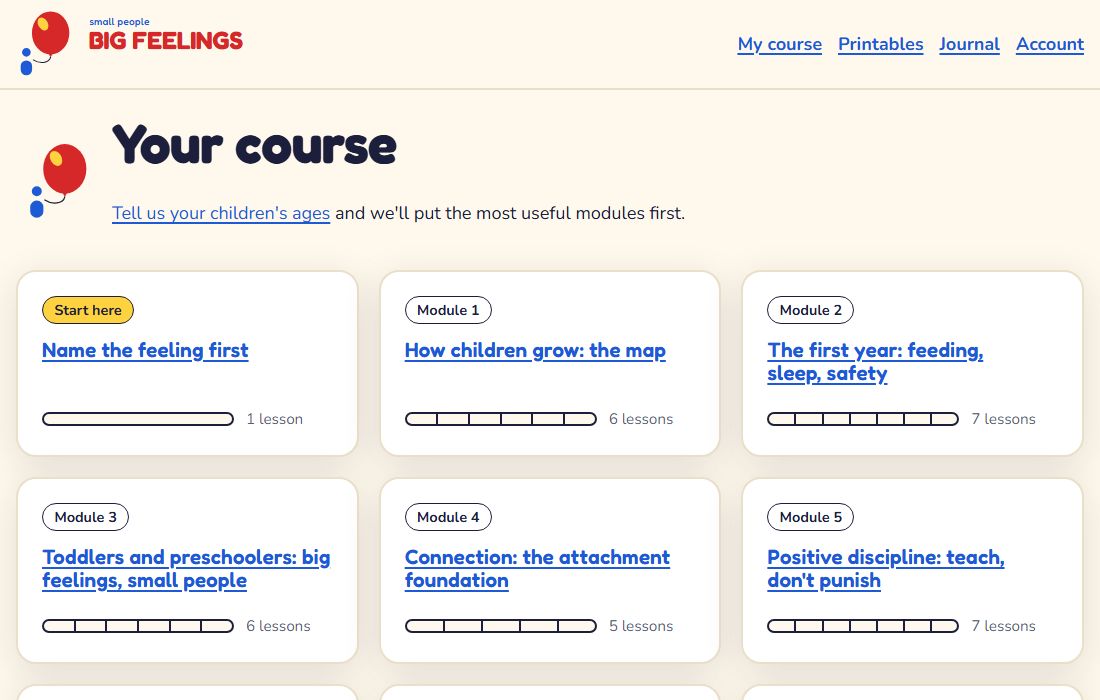The course home page for a signed-in parent: the free taster, then a card for each module with a row of blocks, one per lesson, that fill in as you go.