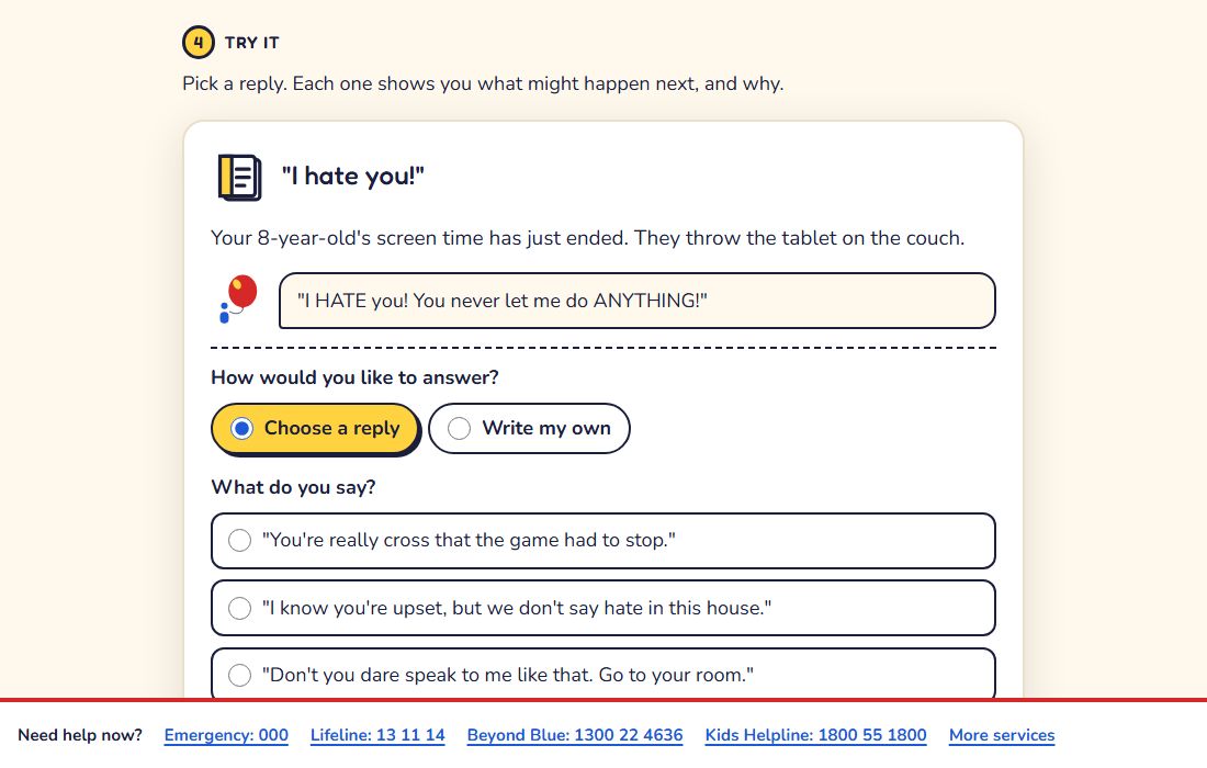 An exercise from the free taster: a child's line in a speech bubble and three possible replies to choose from.