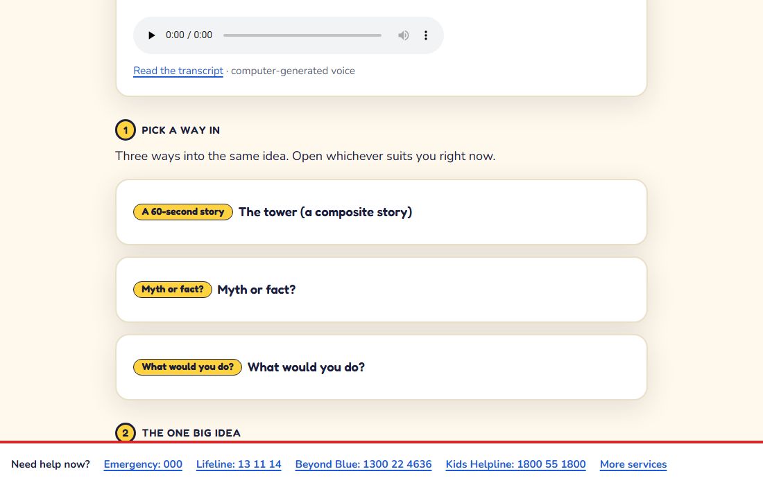 The start of a lesson from the free taster: a read-aloud audio player with a transcript link, then three ways into the lesson: a 60-second story, a myth-or-fact round, and a what-would-you-do question.