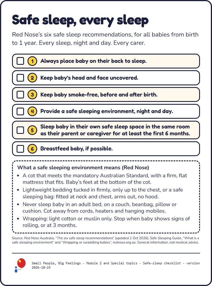 The safe-sleep checklist printable: the safe sleep basics in large type with tick boxes.